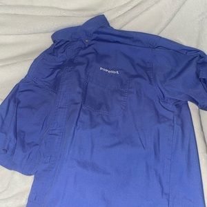 Blue, popeyes shirt, button up.